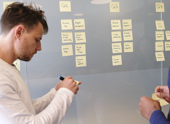 Several people are collaborating in an office setting, using sticky notes on a transparent board divided into columns labeled Q2, Q3, and Q4. Each column contains tasks or goals labeled under various headings. One person is writing on a sticky note while another is holding notes.