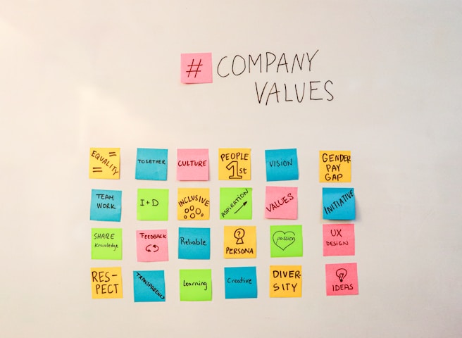 A whiteboard with colorful sticky notes arranged in a grid. Each sticky note has words related to company values, such as equality, culture, and respect. The sticky notes are pink, blue, yellow, and green, creating a vibrant and organized display.