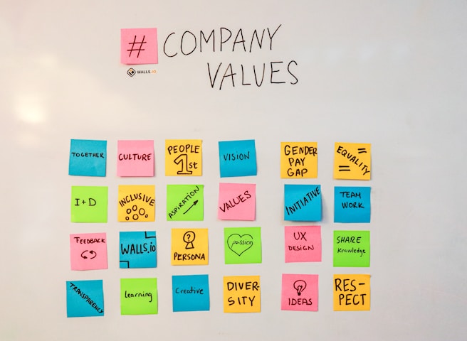 A collection of colorful sticky notes arranged in a grid on a whiteboard, conveying various company values and concepts such as 'Together,' 'Culture,' 'Innovation and Diversity,' 'Vision,' 'Equality,' and 'Respect.' Each note is a different color, including pink, blue, yellow, and green.
