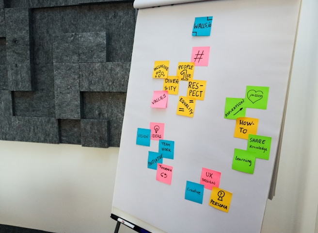 A flip chart with various colored sticky notes attached, containing words and concepts like 'people 1st', 'respect', 'diversity', 'vision', and 'teamwork'. The notes are predominantly pink, yellow, green, and blue. The background features a wall with geometric, dark gray panels.